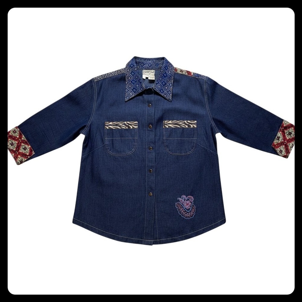 Surya Denim Shirt Women Medium Blue Batik Patchwork Mixed Media Boho